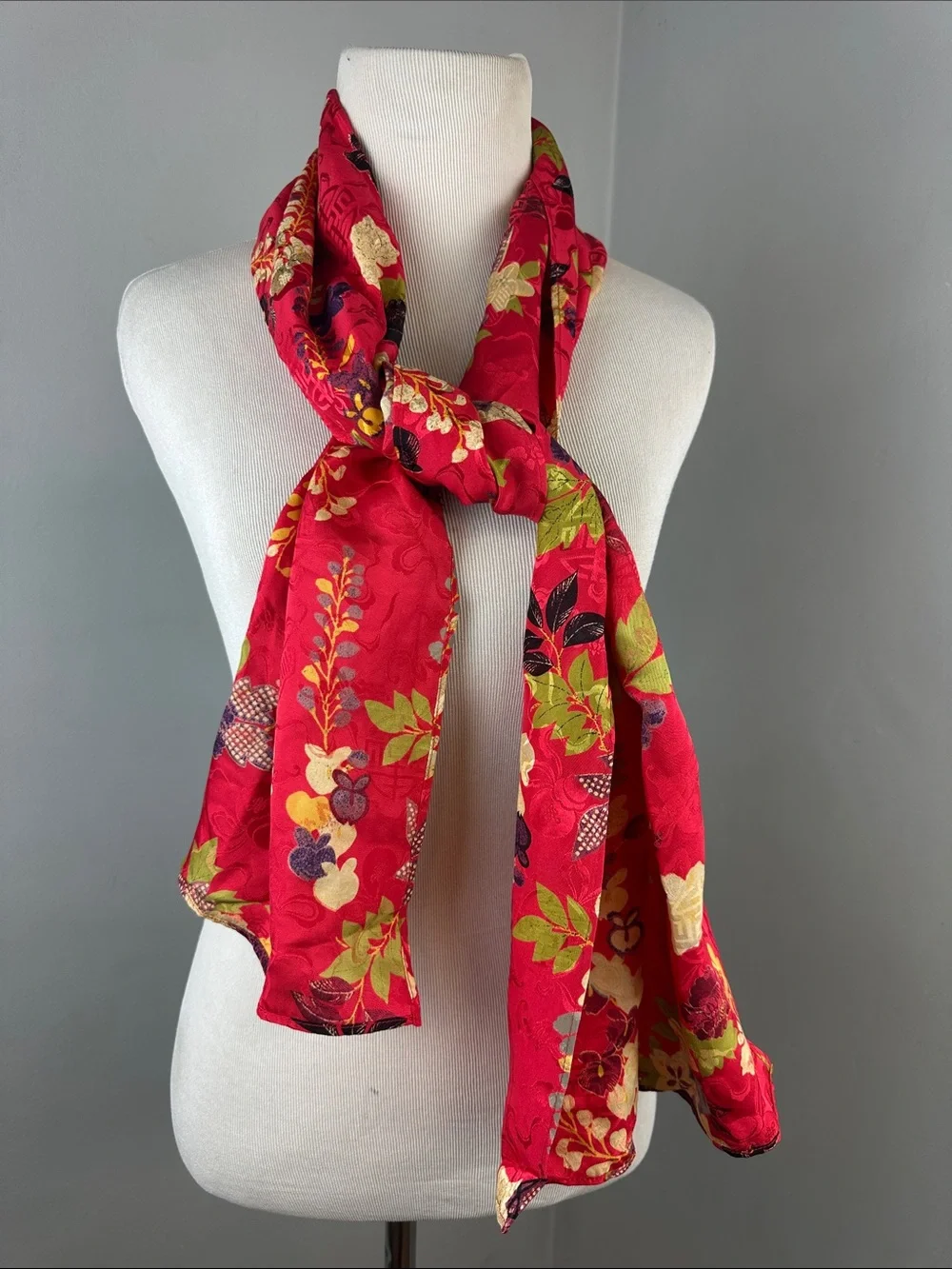 NWT Chicos Vintage Deadstock 100% Silk Lotus Blossom Oriental Inspired Red Scarf